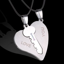 Fashion Korean Couple Necklaces Set  Pendant Necklace Engrave I Love You Matching Hearts Key 316L Stainless Steel