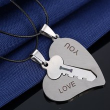 Fashion Korean Couple Necklaces Set Pendant Necklace Engrave I Love You Matching Hearts Key 316L Stainless