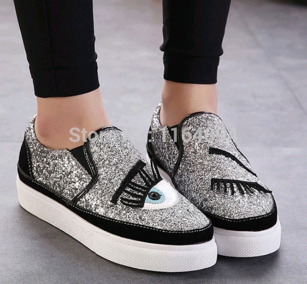 high quality 2015 brand new celebrity design slip on board shoes sparkle sequins eye lash thick