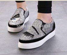 high quality 2015 brand new celebrity design slip on board shoes sparkle sequins eye lash thick