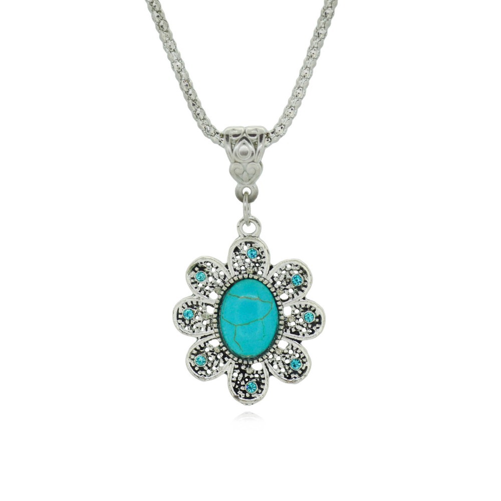Luxury Hollow Out Crystal Round Sunflower Turquoise necklace Elegant Silver Plated Long Pendant Necklace Women s