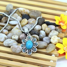Luxury Hollow Out Crystal Round Sunflower Turquoise necklace Elegant Silver Plated Long Pendant Necklace Women s