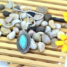 Vintage Oval Tuquoise Necklaces Tibetan Silver Pendants Fashion Jewelry for Lovers Simple Style Women s Antique