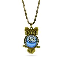 Vintage Owl Pendant Necklace Fashion Glass Cabochon Statement chain Necklace Classic Bronze Necklace in Jewelry