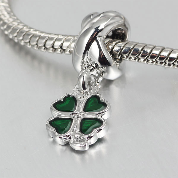 2015 Free shipping 925 silver Lucky clover with Green color pandora beads charms fit european style