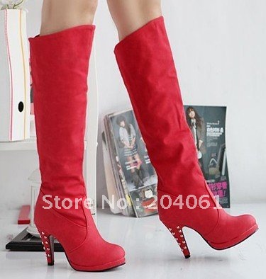 Wholesale waterproof Knee boot Studded high heel Knee Boots black red brown blue green Free shipping