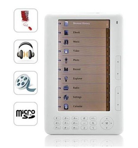 New 7 inch E Reader 4GB Ebook Reader TFT Screen White