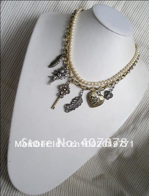 Free shipping Bronze Heart Key Crown Leaf Cupid Double Chain Necklace