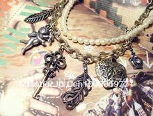 Free shipping Bronze Heart Key Crown Leaf Cupid Double Chain Necklace