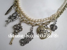 Free shipping Bronze Heart Key Crown Leaf Cupid Double Chain Necklace