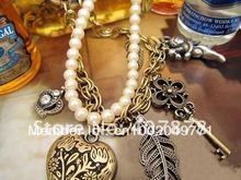 Free shipping Bronze Heart Key Crown Leaf Cupid Double Chain Necklace
