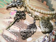 Free shipping Bronze Heart Key Crown Leaf Cupid Double Chain Necklace