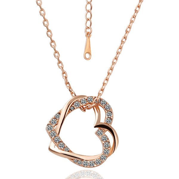  18KGP N007 Double Hearts Fashion Jewelry 18K Gold Plated Plating Necklace Nickel Free Rhinestone Pendant