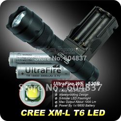 Ultrafire 502B CREE XML T6 1000 Lumens 5-Mode Led Flashlight(2*18650+Charger)+Free Shipping(China (Mainland))