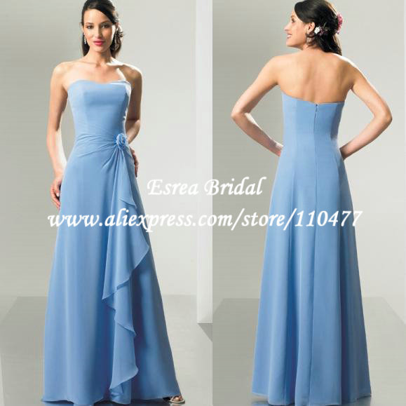 Wedding Guest Dresses BD0036 Fashion Elegant long Chiffon Handmade Flower A line Baby Blue Bridesmaid Dresses - Wedding Guest Dresses