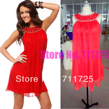 Round Neck Crystal Rhinestone Beach Style Mini Short Dress Red Chiffon Party Quinceanera Dresses