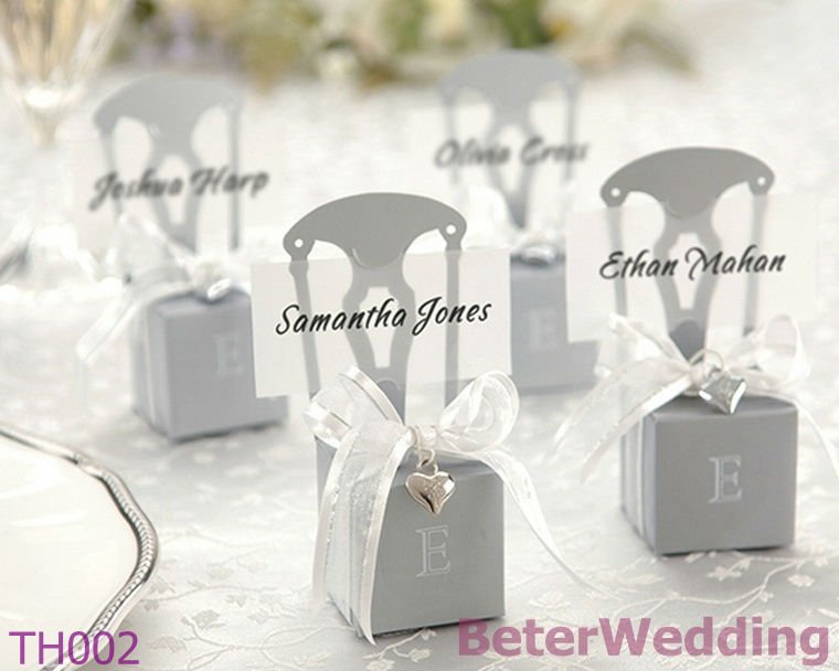 Miniature Silver Chair Wedding Favor Box w/ Heart Charm & Ribbon 