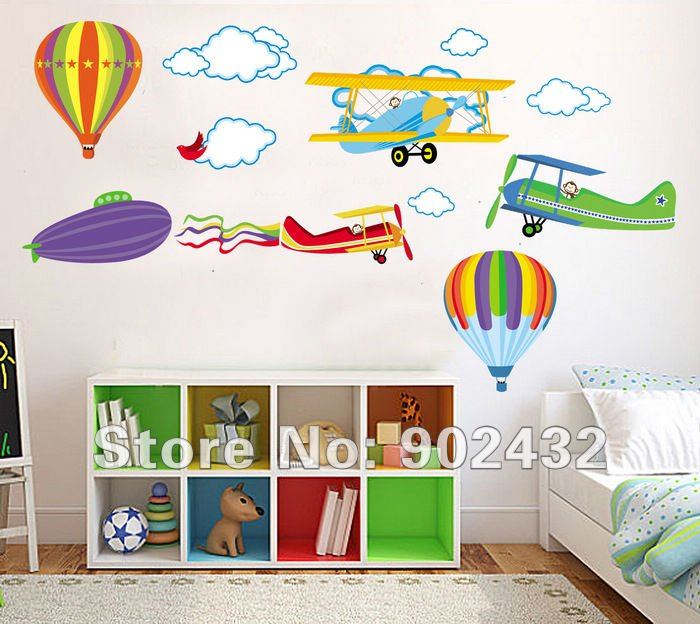 Removable Cartoon Airplane and Hot Air Balloons Wall sticker decals Nursery Kids Room Home Decoration