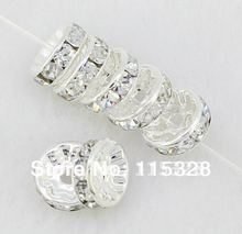 Free Shipping 50pcs/Lot 8MM Crystal Spacer Metal Silver Plated Rondelle Rhinestone  Loose  Beads For Jewelry Making