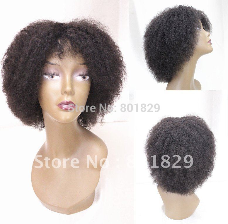 Cheap Shipping NEW product 8"1B# brazilian virgin hair Afro kinky machine made glueless cap lace wigs(China (Mainland))