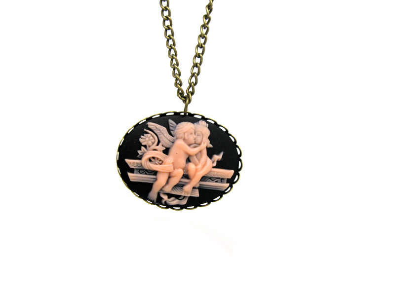 Cupid angel love couple cameo necklace pink NW664