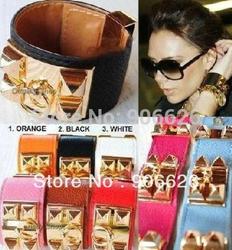 Punk faux leather studs spike bracelet bangle wristband charm pyramid rock cuff free shipping 8pcs/lot(China (Mainland))