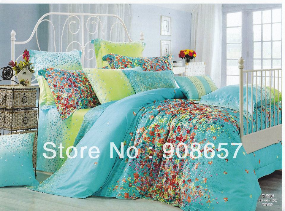print green turquoise print discount cotton bed linen cheap bedding ...