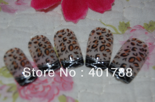 free shipping 2013 the latest fashion unique leopard design 12 pcs false nail tips with 2g pink gel glue(China (Mainland))