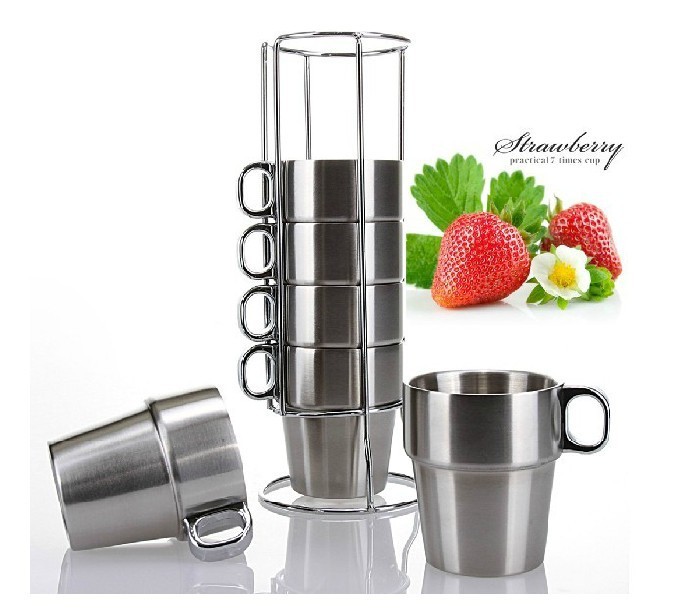 Two Layer Stainless Steel Coffee Cup Creative Heat Insulation Mug 6 Cups 1 Holder FREE SHIPPING