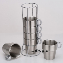Two Layer Stainless Steel Coffee Cup Creative Heat Insulation Mug 6 Cups 1 Holder FREE SHIPPING