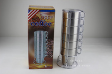 Two Layer Stainless Steel Coffee Cup Creative Heat Insulation Mug 6 Cups 1 Holder FREE SHIPPING