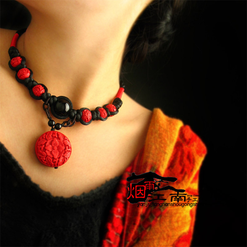 FREE SHIPPING Short design necklace national trend chinese style red carved lacquer agate marriage accessories female