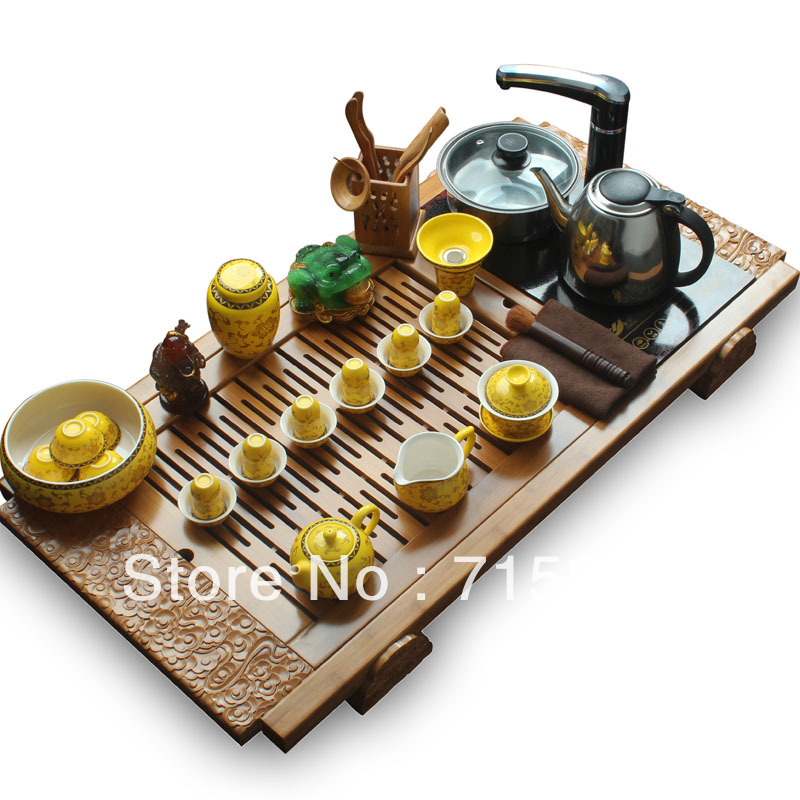 Tea set ceramic kung fu tea four in one induction cooker bamboo tea tray cup teapot