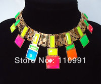 2013 New Arrival Unique Design Gold PLated Square Fashion Choker Multicolor Chunky Bib Neon Resin Statement Necklace For Women