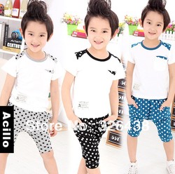 Free Shipping(4pcs/lot)Children's Outfits Sets Boy's dot short sleeve T-shirt+Casual pants Summer 2 piece sets(China (Mainland))