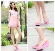 2014 new summer women casual slippers fashion lady peep toe wedges jelly candy color beach slippers