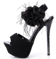 2013 black 14cm women&#39;s high heels suede flower platform strappy sandals with rhinestone heels evening sandals free shipping