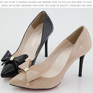 2012 nude color japanned leather bow pointed toe high heeled shoes women shoes female nude color