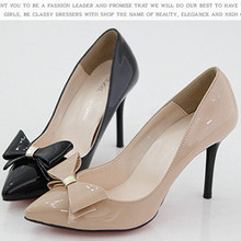 2012 nude color japanned leather bow pointed toe high heeled shoes women shoes female nude color