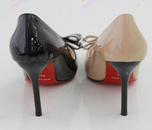 2012 nude color japanned leather bow pointed toe high heeled shoes women shoes female nude color