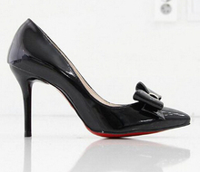 2012 nude color japanned leather bow pointed toe high heeled shoes women shoes female nude color