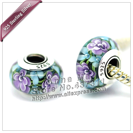 2pcs S925 sterling silver Violet Blue Murano Glass Beads Fit Europe pandora Charm Bracelets necklaces pendants
