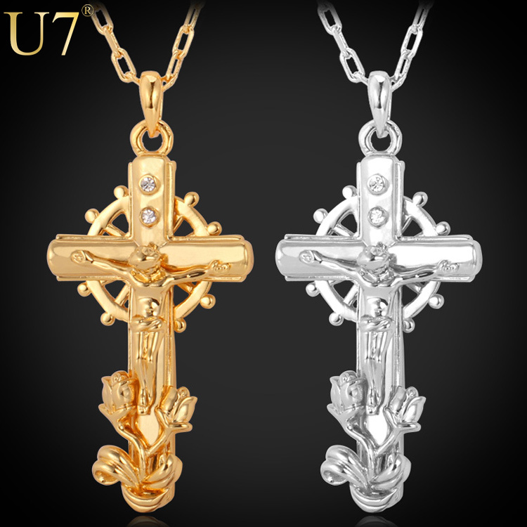 Crucifix Necklace Women Men Jewelry Jesus Religious Gift Trendy 18K Real Gold Platinum Plated Rhinestone Cross
