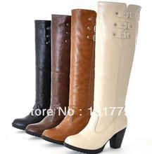 free shipping genuine leather buckle knee high boots round toe shoes Autumn Spring knight buckle thick