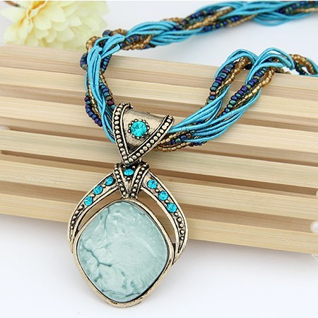 N002 New Vintage Jewelry Rhombus Gem with Crystal Bohemia Style Multilayer Beads Chain Handmade Retro Necklace