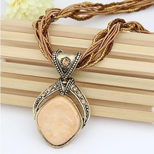 N002 New Vintage Jewelry Rhombus Gem with Crystal Bohemia Style Multilayer Beads Chain Handmade Retro Necklace