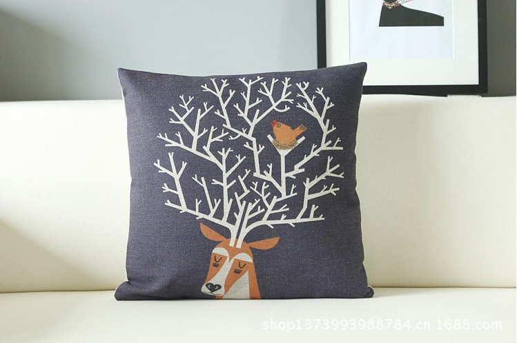 Reindeer bird black throw pillow decorative cushion cover linen cotton shabby chic home decor ...