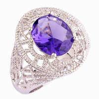 Wholesale Solitare Oval Cut Purple Jewelry Amethyst 925 Silver Ring Size 7 8 9 10 Facile Design Gift Free Shipping