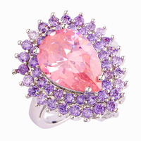 Wholesale Fashion 925 Silver Ring Water-Drop Pear Cut Pink Sapphire & Amethyst 925 Silver Women\'s Ring Size 7 PRECIOUS JEWELRY