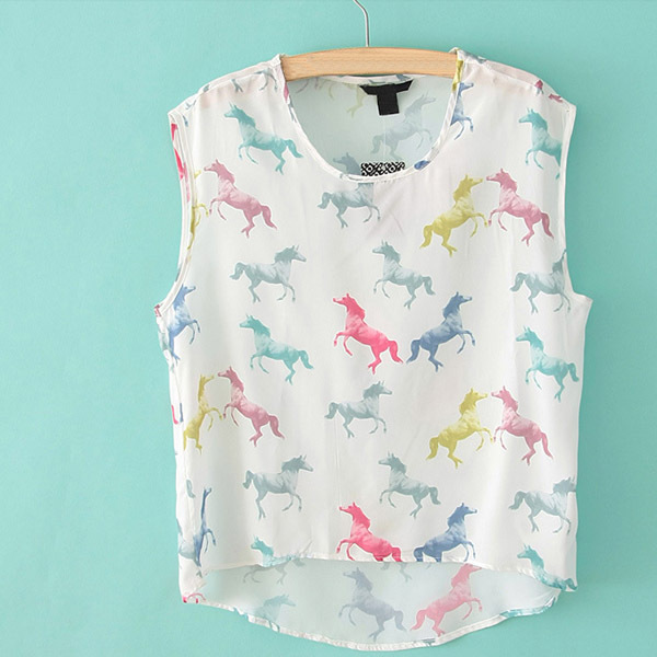 2014 New Crew Neck Color Pony Printing Chiffon Vest Tank Top Tees Shirt For Women Drop Shipping